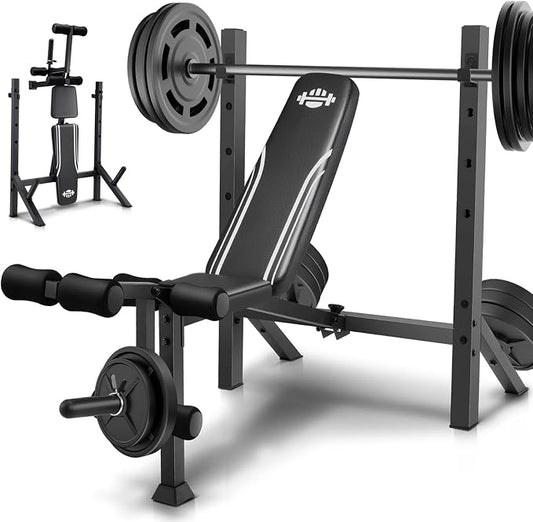 Weight Bench Set with Squat Rack, Adjustable Bench Press Set with Leg Extension and Leg Curl, Flat Incline Decline Workout Bench for Home Gym Full Body Strength Training